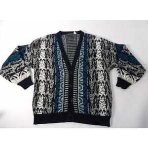 Vintage Stefano Man Cardigan Large Button Up Knit 90s Blue Black 3D Grandpa READ